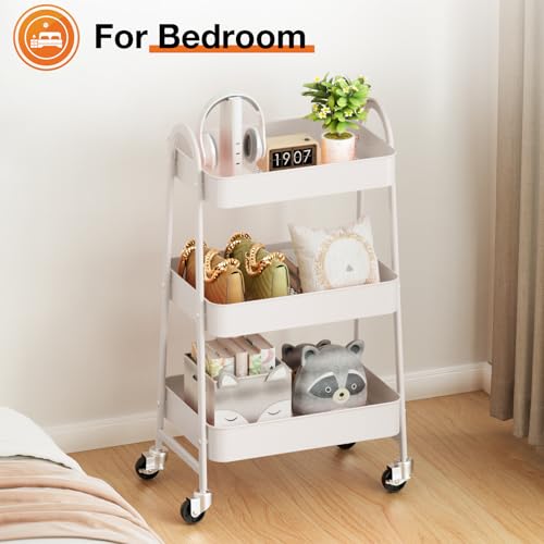 Sweetcrispy 3 Tier Metal Storage Utility Cart with Wheels, Kitchen Organizer Trolley Rolling Bathroom Laundry Room Bar Office Shelves Mobile Shelving Unit Caster for Snack Bedside Narrow Places Sweetcrispy