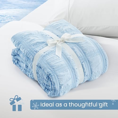 Cozy Bliss Cooling Comforter Seersucker Plaid King Size, Q-Max 0.45 Lightweight Cooling Blanket, Breathable Silk Smooth Summer Bedding Quilt for Hot Sleepers Night Sweats Blue Cozy Bliss