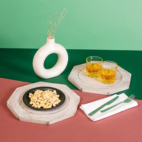 Alpha Living Home Acacia Wood Plates Set of 2 Round Wooden Dinner Plates, Charger Serving Tray Lightweight, Natural Dinnerware Dishes for Steak, Snack, Dessert, Cake, Housewarming - White Caramel Alpha Living Home