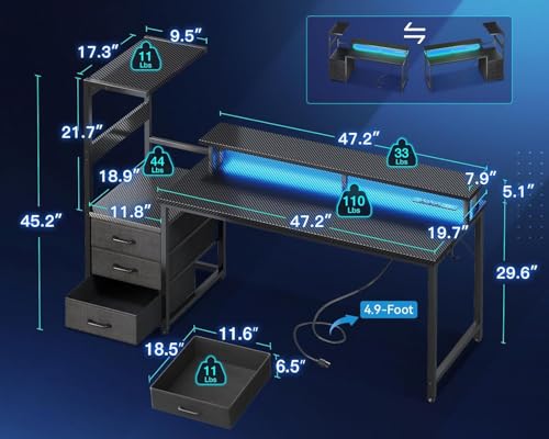 Casaottima 59 Inch Gaming Desk with USB Charging Ports & LED Light - Reversible Computer Desk with 3 Fabric Drawers, Monitor Stand, CPU Stand, and Side Hook, Modern Office Desk, Pure Black Casaottima