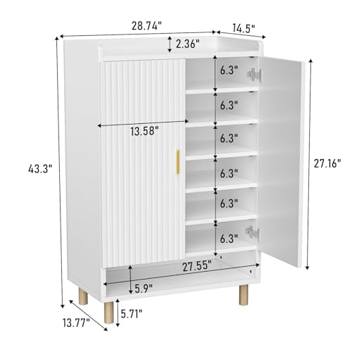 GEBAROW 8-Tier Shoe Storage Cabinet, Modern Organizer Cabinet with Doors, Wood Shoe Rack with Adjustable Shelves for Entryway, Hallway, Closet, Living Room, White GEBAROW