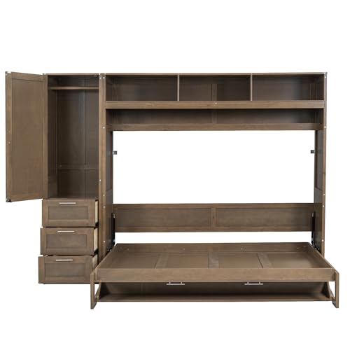 LZ LEISURE ZONE Full Size Murphy Bed, Wooden Full Cabinet Wall Bed with Closet, Drawers and Open Shelves, Antique Grey LZ LEISURE ZONE
