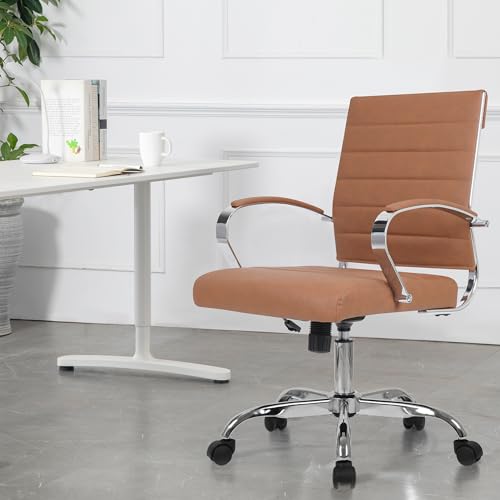 LANDSUN Home Office Chair Mid Back Desk Chair PU Leather Ribbed Executive Swivel Computer Chair with Wheels and Armrests Soft Padded Adjustable Height Conference Task Brown LANDSUN