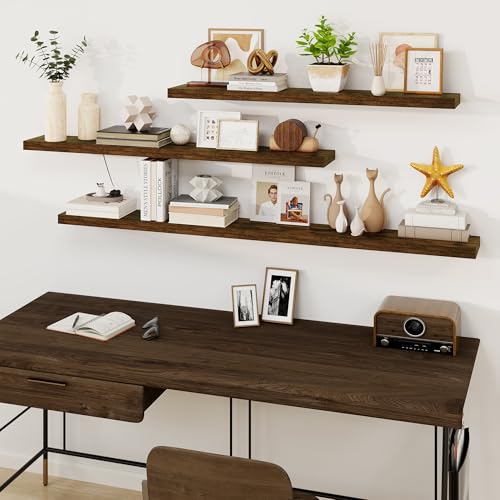 Fun Memories 55 Inch Fireplace Mantel Shelf -Long Floating Shelf, Wall Mounted Farmhouse Display Shelf with Invisible Heavy Duty Metal Bracket, Brown Fun Memories