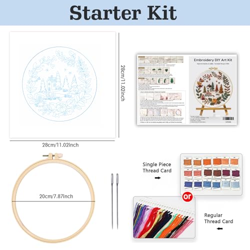 Embroidery Kit for Beginners, Beautiful small town Nature Landscape Pre-Stamped Pattern Kits for Adults , Easy to Follow Color Thread Needlework,DIY Cross Stitch Kits with 8'' Hoop Needles Threads