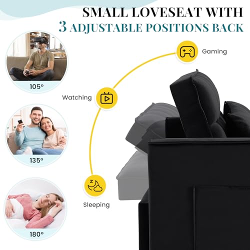 Antetek 3 in 1 Convertible Sleeper Sofa Bed, Modern Velvet Loveseat Futon Couch w/Pullout Bed, Small Love Seat Lounge Sofa w/Reclining Backrest, Toss Pillows, Pockets, Furniture for Living Room, Black Antetek