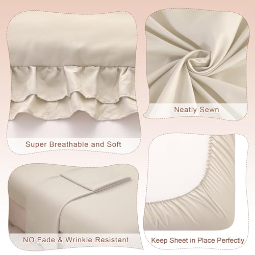Wowelife Toddler Comforter Set for Girls, Pale Beige Toddler Bedding Set, 4 Pieces Double Ruffles Soft and Breathable Bed Set Includes Comforter, Fitted Sheet, Flat Top Sheet and Pillowcase Wowelife