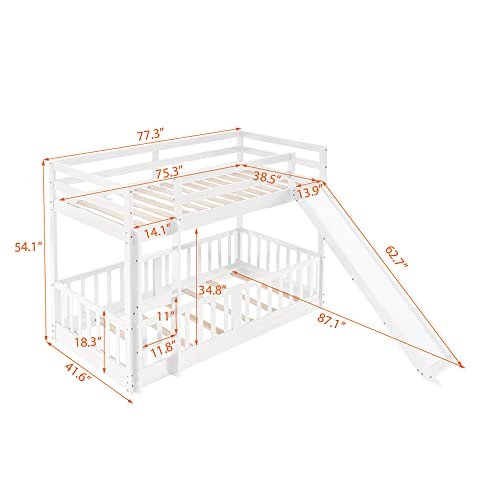 Bellemave Twin Over Twin Floor Bunk Bed with Slide and Ladder, Low Bunk Bed for Kids, Girls, Boys, Removable Fence, White with Fence Bellemave
