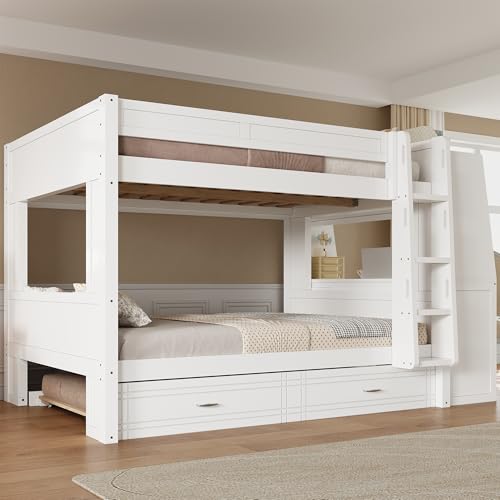 CKLMMC Full Size Multifunctional Bunk Bed with Desk and Bookshelves, Trundle, Space-Saving Wooden Bunk Bed for Kids & Teens (White/T) CKLMMC