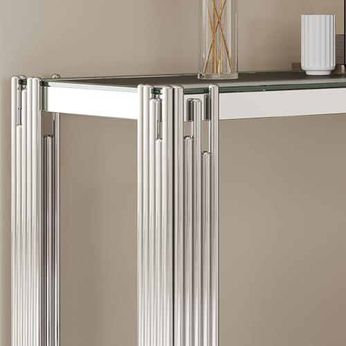 Goujxcy Modern Glass Console Table 55" Silver Entryway Table with Tempered Glass Top and Mirror Stainless Steel Legs,Luxury Rectangular Sofa Table for Living Room Hallway Corridor Table (Silver) Goujxcy