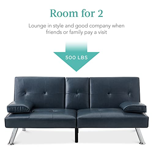 Best Choice Products Faux Leather Upholstered Modern Convertible Futon, Adjustable Folding Sofa Bed, Guest Bed w/Removable Armrests - Blue Best Choice Products
