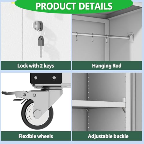 71" Tall Broom Closet Storage Cabinet with Hanging Rod for Cleaning Supplies & Tools,Metal Utility Storage Cabinets with Lock,Wardrobe Cabinets with Adjustable Shelves for Garage,Laundry Room,Bedroom Lusiwry