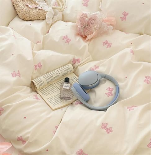 Sedefen Striped Duvet Cover Full Size Pink Stripes Bow Bedding Set 3 Pcs Cotton Princess Style Cute Bowknot Dot Reversible Comforter Cover for Kids Boys Girls with Zipper Closure and 2 Pillowcases Sedefen