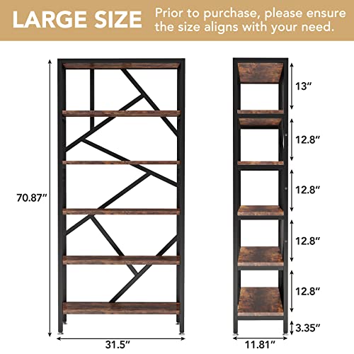 Tribesigns Vintage Industrial 6-Tier Bookshelf - 71 Inch Tall Open Etagere Bookcase in Brown Tribesigns