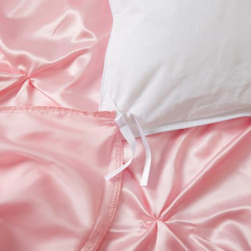 P Pothuiny 5 Pieces Satin Pintuck Duvet Cover Set, Silky Like Blush Pink Pinch Pleat Duvet Cover Full/Queen Size Luxury Bedding Set with Corner Ties, 2 Pillow Shams + 2 Pillowcases (No Comforter) P Pothuiny