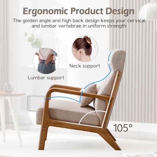 INZOY Mid Century Modern Accent Chair with High Back, Upholstered Living Room Chairs with Waist Cushion, Wood Frame Reading Armchair for Bedroom Sunroom, Beige INZOY