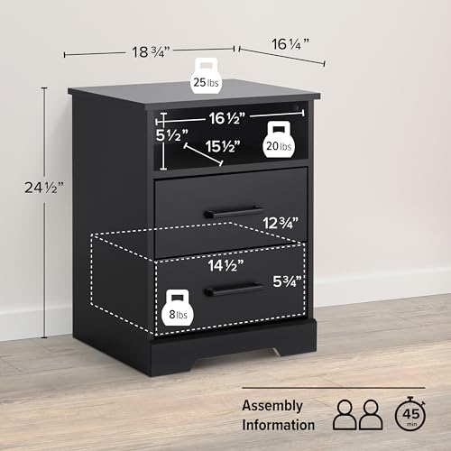 Prepac Rustic Ridge Farmhouse Nightstand Bedside Table, Black Nightstand for Bedroom, End Table with 2 Drawers and Open Shelf 16.25"D x 18.75"W x 24.5"H Prepac