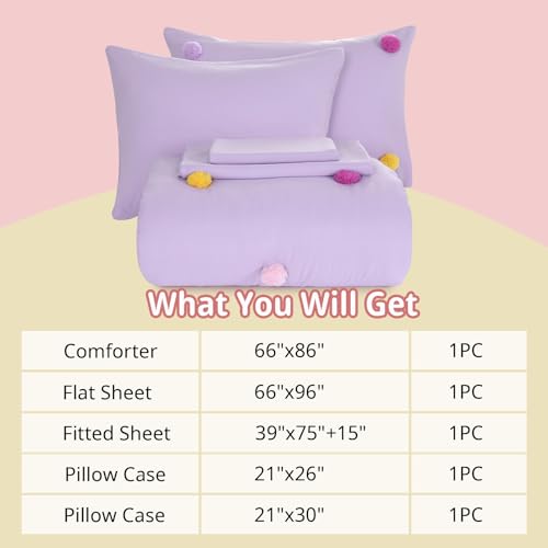 HOMBYS Pom Poms Bedding Comforter Set for Girls, 5 Piece Purple Boho Kids Comforter Set for All Season,Twin/Twin XL Size HOMBYS