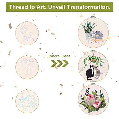 Santune 3 Pack Embroidery Kit for Beginners with Pattern, Cross Stitch Kits for Adults with Instructions,Needlepoint Kits for Adults Include 1 Embroidery Hoops,Color Threads and Needles(Cat)