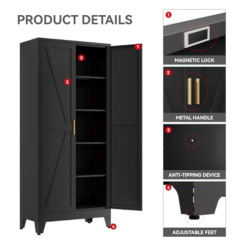 YNIQUESTLE Farmhouse Pantry Cabinet with Barn Doors, 71" H x 31.5" W, 5-Tier Metal Storage Cabinet with 4 Adjustable Shelves for Kitchen Garage Dining Room, Black 1 Pack YNIQUESTLE