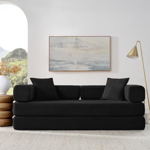 4-in-1 Folding Convertible Sofa Bed, 78 Inch Boneless Couch with Fixed-Shape Frame, Corduroy Loveseat Sleeper with Pull Out Bed, Floor Sofa Modular Futon Couch for Living Room Bedroom Lounge (Black) ivoros