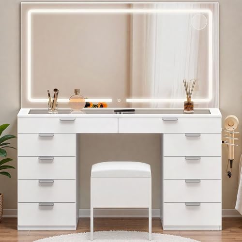 DWVO Makeup Vanity with LED Mirror and Charging Ports, 10-Drawer Vanity Set with Glass Top, Hair Dryer Holder, 3 Adjustable Light Colors, and Hidden Storage Stool DWVO