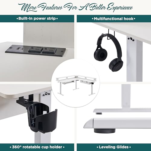 RedLemon 60 Inches L Shaped Electric Standing Desk, Height Adjustable Corner Gaming Desk with Drawers, Keyboard Tray, Power Outlets & LED Lights, Computer Desk with Monitor Shelf, Dark Walnut RedLemon