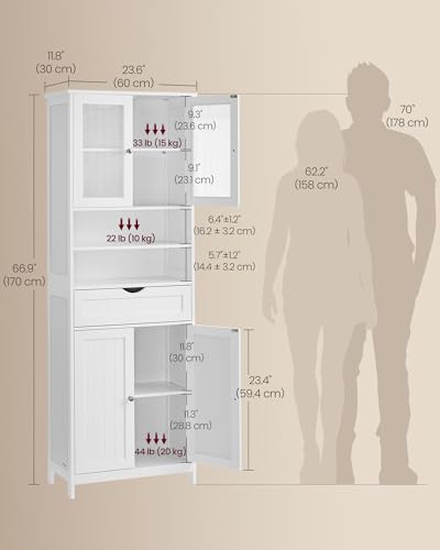 VASAGLE Storage Cabinet, Freestanding Storage Unit with Adjustable Shelves, Drawer, Open Compartments, for Bathroom, Living Room, Kitchen, Cloud White UBBC768WH01S VASAGLE