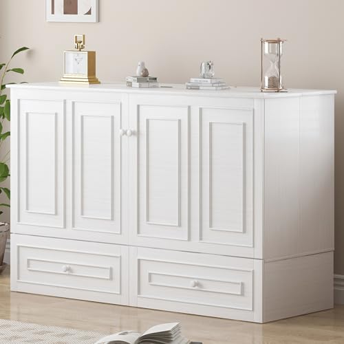 Mjkone Murphy Bed Cabinet, Queen Size Cabinets Bed Chest with USB Charging Station & Tri-Folding Mattress, Wall Beds with Storage Drawers for Guest Bedroom Apartment Office, Easily Convertible, White Mjkone