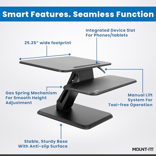 Mount-It! Standing Desk Converter, Compact 25" Sit Stand Desk Riser with Gas Spring Lift, Adjustable Height Desktop Riser for Laptop, Monitor, and Keyboard, Small Home Office Desk Converter Mount-It!