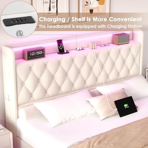 Keyluv Queen Floating Bed Frame with LED Lights & Charging Station, Upholstered Velvet Platform Bed with Button Tufted Storage Headboard, No Box Spring Needed, Noise-Free, Easy Assembly, Beige Keyluv