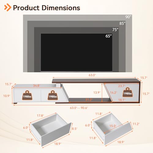 Verano Garden Extendable TV Stand with Led Lights, Wood TV Media Console with 2 Drawers & 1 Cabinet, Modern Entertainment Center Up to 90 Inch TV for Living Room Bedroom, 63" - 90.6" (White & Walnut) Verano Garden