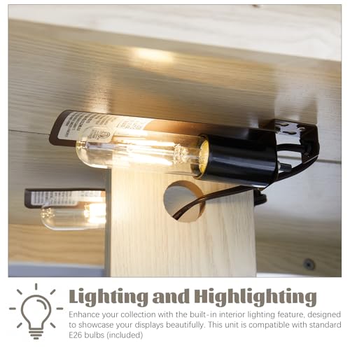 Curio Cabinet with Glass Doors Drawer, Lighted Display Cabinet with Adjustable Glass Shelves and Mirrored Back Panel, Retro Floor Standing Glass Storage Cabinet for Living Room, Antique White BAOMKONG