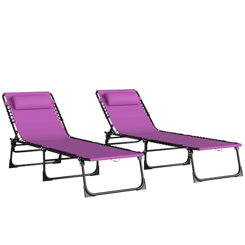 Outsunny Folding Chaise Lounge Chair Set of 2, Patio Sun Tanning Chair, Outdoor Chaise Lounger with 4-Position Reclining Back, Breathable Mesh Seat for Beach, Poolside, Yard, Purple