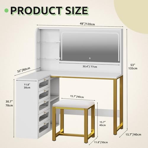 DWVO Vanity Desk with LED Lighted Mirror and 3 Lighting Modes, L-Shaped Corner Vanity Table, 48" Large Dressing Table with 5 Tempered Glass Drawers with Open Storage Shelves, White DWVO