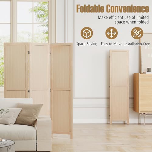 COSTWAY 3 Panel Folding Room Divider, 67" Rubber Wood Privacy Screen for Room Separation, Freestanding Hinged Partition Wall Divider for Bedroom, Living Room, Kitchen, Home Office, Restaurant COSTWAY