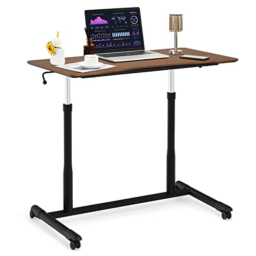 COSTWAY Mobile Height Adjustable Standing Desk, Compact Pneumatic Sit to Stand Computer Desk w/Lockable Casters, Ergonomic Rolling Laptop Table w/Steel Frame for Home Office (Espresso) COSTWAY