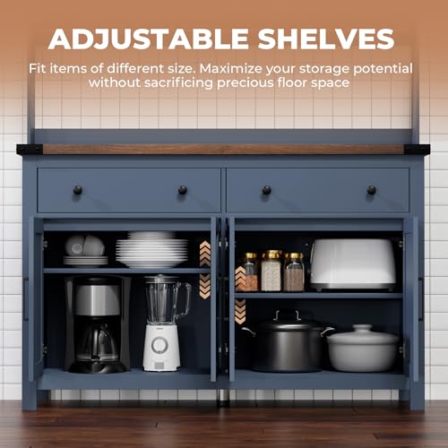 VVFLU Hutch Storage Buffet Cabinet with Drawers, and Charging Station, Coffee Bar Cabinet with Barn Doors, Wine Rack and Hooks, Blue Wood Sideboard Buffet for Kitchen, Dining Room, 54.1" High VVFLU