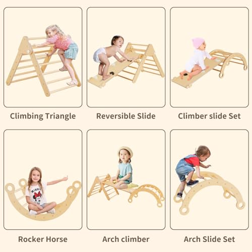 Asweets Pikler Triangle Set, 5 in 1 Foldable Montessori Climbing Set with Ramp, Baby Climbing Toys for Indoor Playground, Jungle Gym for Kids with Arch Climber, Rocker, Suitable for Toddlers Asweets