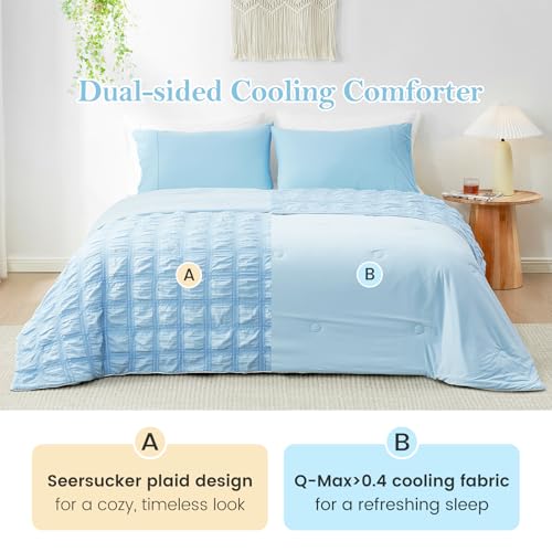 Cozy Bliss Cooling Comforter Seersucker Plaid King Size, Q-Max 0.45 Lightweight Cooling Blanket, Breathable Silk Smooth Summer Bedding Quilt for Hot Sleepers Night Sweats Blue Cozy Bliss