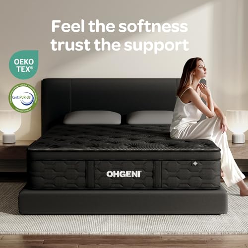 OhGeni 14 Inch Cooling Queen Size Mattress, Hybrid Gel-infused Memory Foam Bed Mattresses in a Box, Medium Feel Cool Top Fabric,Individual Pocket Spring, 3-Zone design & Reinforced Edge Support, Black OhGeni