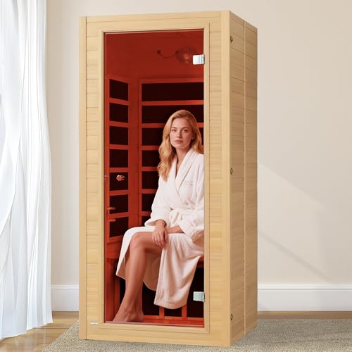 Real Relax Far Infrared Sauna for Home, 1 Person Indoor Home Sauna Low Emf, Canadian Hemlock Wooden Dry Saunas Room with Bluetooth Speakers, 9-Color Light Therapy, 1574w/110v for Personal Spa Real Relax