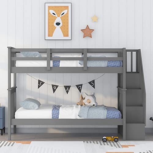 Harper & Bright Designs Twin Over Twin Bunk Bed with Storage Staircase, Wood Bunk Bed with Full-Length Fence Kids, Teens & Adults, Convertible Bunk Beds, Gray Harper & Bright Designs