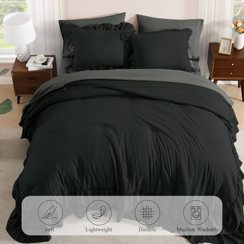 AMBERSPACE Queen Comforter Set Black, Ruffle Shabby Chic Bedding Set Farmhouse 7 Pieces, All Season Fluffy Bed in a Bag with Sheets, Pillowcases & Shams AMBERSPACE