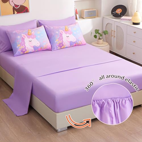 ZUEXVOFY Twin Comforter Set for Girls 5 Piece Purple Unicorn Bedding Set for Girls Super Soft Microfiber Bed Set Bed in a Bag with Comforter Sheets Pillowcase & Sham ZUEXVOFY