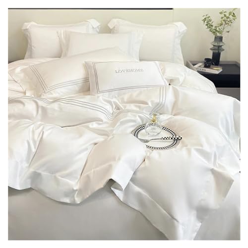 YUSIWOAL Cotton Bedding Set Home Textile Three Lines Embroidery Luxurious Pillowcase Sheet Quilt Cover Twin/Queen/Single Bed,Summer Duvet Cover sets(Bianco,Queen size 1.8M Bed 4pcs) YUSIWOAL