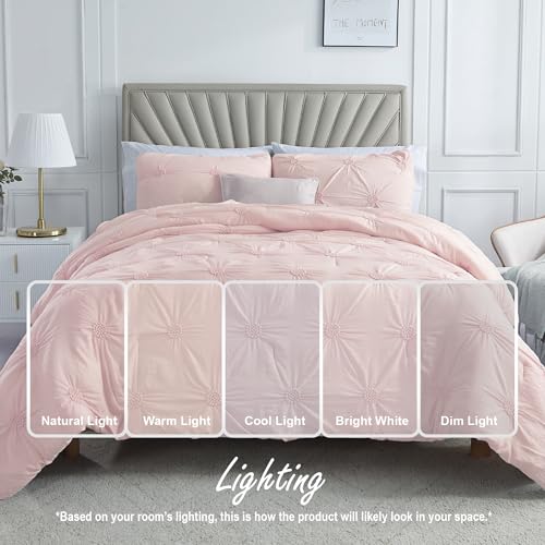 Swift Home Twin/Twin XL Baby Pink Rose Blush Comforter Set - Ruched 3D Floral Pintuck Bedding Set - 2 Pieces Bed Linen, 1 Comforter and 1 Pillow Sham Swift Home