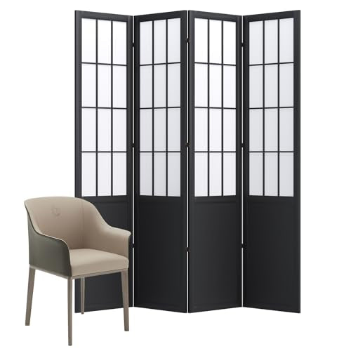 Room Divider, 66.9Inch Tall Japanese Shoji Style Folding Wood Screen with Double Hinges for Home Office Bedroom Hotel Decoration (4Panels, Black) Svimi