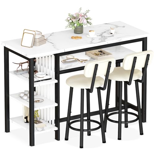 AWQM 3-Piece Bar Table and Chairs Set, Modern White Faux Marble Table with 2 PU Cushion Bar Stools, Kitchen Counter with 3 Tier Storage Shelves, Space Saving Table for Home & Kitchen, Black Frame AWQM