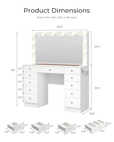 Otterease White Makeup Vanity, 11 Drawers Vanity with Mirror and 12 LED Lights, Makeup Vanity Desk with 3 Lighting Modes Adjustable Brightness, Vanity with Glass Top for Bedroom Otterease